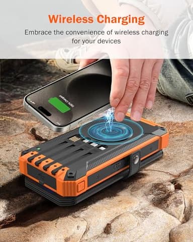 GOODaaa Power Bank Wireless Charger 36800mAh Solar Charger with Five Solar Panels Built-in Four Cable Five Outputs Portable Power Bank for Cell Phone with Dual Flashlights, Carabiner - Image 3