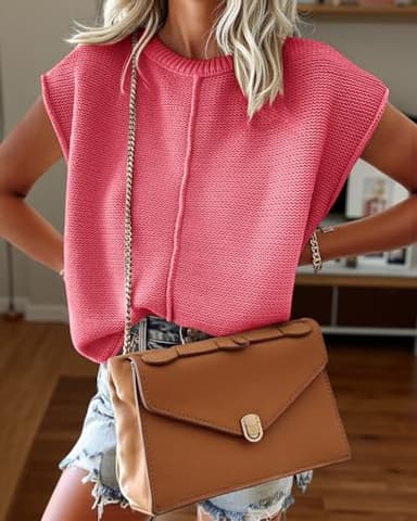 Saodimallsu Womens Tank Tops Summer Causal Loose Fit Cap Sleeve Crew Neck Knit Lightweight Sweater Pullover Top Watermelon Red - Image 3