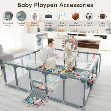 XNWQL Baby Playpen, 79"x71" Indoor ＆ Outdoor Playpen with Breathable Play Pen with Ocean Balls Hanging Pocket Basketball Hoop and Football Goal - Image 2