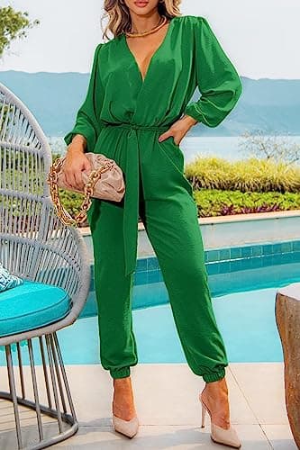 PRETTYGARDEN Women's Spring Fall Jumpsuits Casual Dressy One Piece Outfits V Neck Long Sleeve Belt Pockets Long Pants Romper (Green,Small) - Image 5