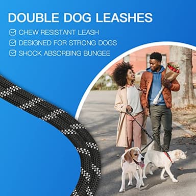 MingXpets Double Dog Leash, Dual Dog Leash, 360° Swivel Tangle Free Bungee Walking Training for Large Medium Dogs, Shock Absorbing Bungee Reflective for Two Dogs, 18~121 lbs, Black - Image 2