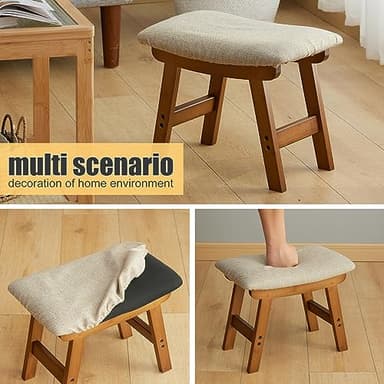 Foot Stool Ottoman Foot Rest Under Desk,Small Stool for Living Room, Bedroom and Kitchen (Brown Legs - Beige Stool Surface) - Image 4