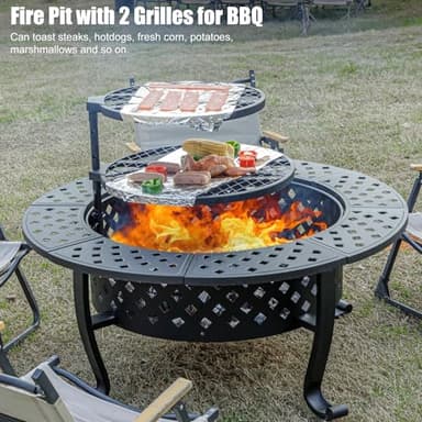 Panovue 42 Inch Fire Pit with 2 BBQ Grills, Wood Burning Fire Pits for Outside with Lid & Fire Poker, BBQ& Outdoor Firepit & Round Metal Table 3 in 1 for Patio, Picnic, Party - Image 7