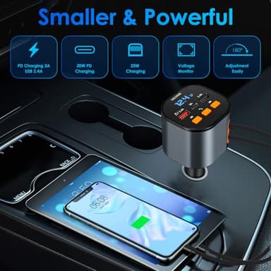 Retractable Car Charger,5 in 1 Fast Cars Phone Charger 90W,Bluetooth 5.3 FM Transmitter Adapter,Handsfree Call,2 Retractable Cables and USB Chargers for iPhone17/16 15/14/13 - Image 4
