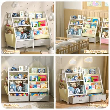 Twinkoo Kids Bookshelf and Toy Organizer, Sturdy 3 Tier Kids Bookcase, Sling Bookshelf and 2 Toy Bins, Toddler Montessori Book Shelf with Toy Storage Organizer for Children Room, Playroom, Nursery - Image 7