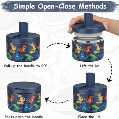 Pawtong 12oz Insulated Vacuum Food Jar with Buckle Lid Wide Mouth Soup Thermo for Hot Food Kids Leakproof Stainless Steel Lunch Container (Blue-Dinosaur) - Image 2