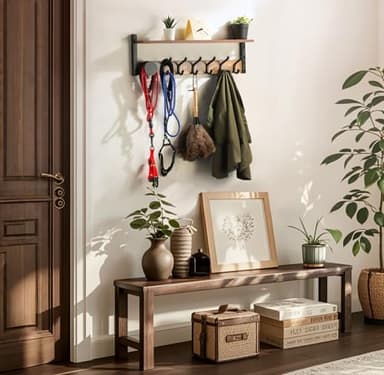 YIGII Wall Shelf with Hooks, Coat Rack Wall Mount with 7 Dual Metal Hooks, Wooden Floating Shelf Coat Hanger for Bedroom, Entryway, 24inch - Image 2