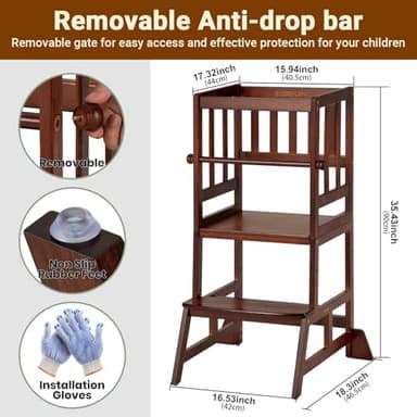 COSYLAND Toddler Standing Tower - Adjustable Height Toddler Kitchen Stool Helper - Kids Kitchen Step Stool for Learning with Removable Safety Railing Brown - Image 5