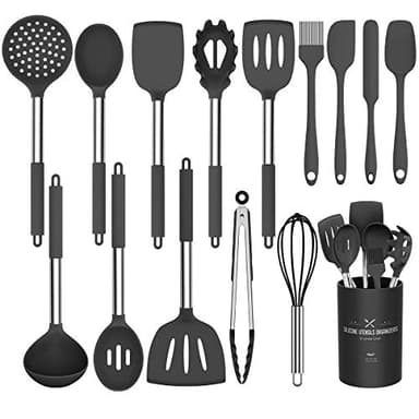 Silicone Cooking Utensil Set, Umite Chef 15pcs Silicone Cooking Kitchen Utensils Set, Non-stick - Best Kitchen Cookware with Stainless Steel Handle - Black - Image 1
