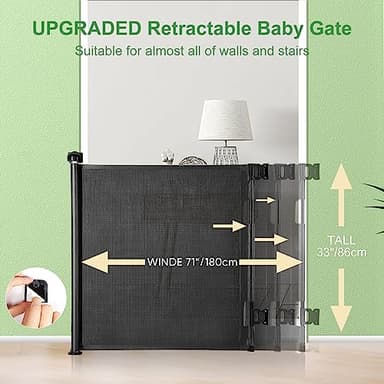 Upgraded Retractable Baby Gate, Extra Wide Safety Kids or Pets Gate, 33” Tall, Extends to 71” Wide, Mesh Safety Dog Gate for Stairs, Indoor, Outdoor, Doorways, Hallways(33”x71”, Black) - Image 2