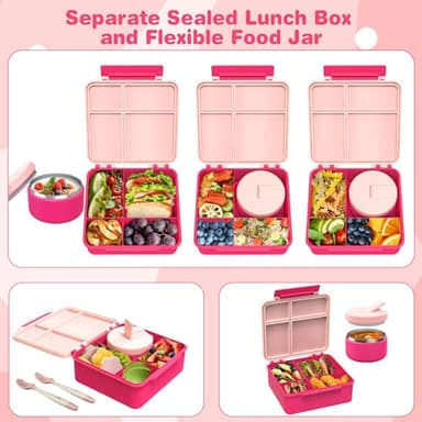 Pawtong Bento Lunch Box with 8oz Soup Thermo, Kids Leakproof Lunch Food Containers with 4 Compartment, Kids Thermo Insulated Hot Food Jar for School, Trvael - (Pink) - Image 3