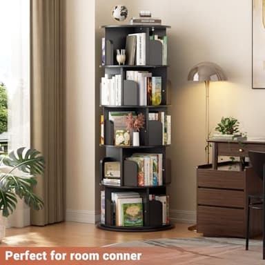 Besiost Rotating Bookshelf Tower, 5 Tier Spinning Bookcase, Revolving 360 Book Shelf Narrow Tall Bookcase, Vertical Turning Round Bookshelf Organizer, Wood Corner Book Shelf for Small Space, Black - Image 2