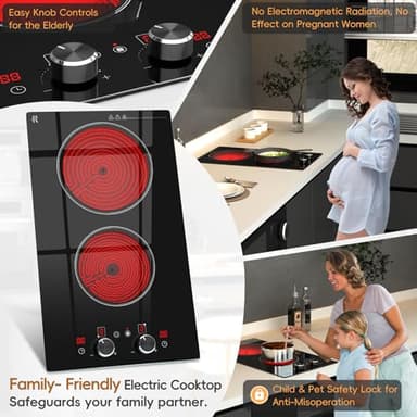 Zarbaco 2 Burner Electric Cooktop 220-240V, 3000W Radiant Electric Stove Top with Built-in Design, 12 inch Knob Control Ceramic Cooktop with Safety Lock, 9 Level Power, Timer - Hard Wire - Image 5
