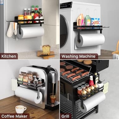 ZUNTO Magnetic Paper Towel Holder for Fridge, Black Kitchen Organizer with Towel Roll Holder, Spice Shelf and 2 Hanging Racks(No Drilling) - Image 4