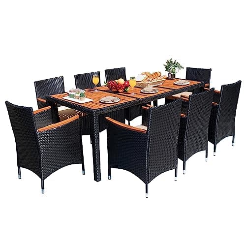 Devoko Outdoor Patio Dining Sets 9 Pieces Wicker Outdoor Dining Table and Chairs Set with Acacia Wood Table Top and Widened Armrests for Backyard, Garden, Deck (Black) - Image 1
