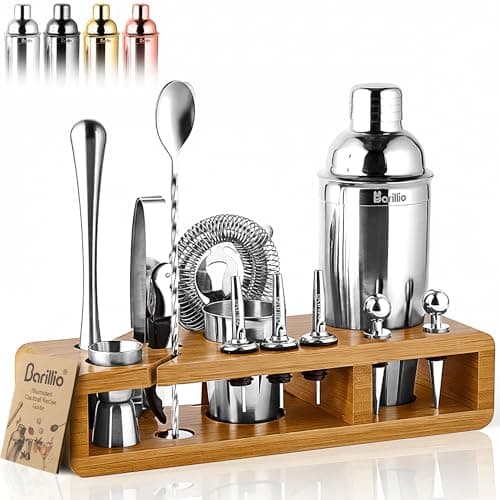 Barillio Bartender Kit - Stainless-Steel Cocktail Shaker Set w/Bamboo Stand - Mixology Bar Tools w/Drink Shaker, Mixer Spoon & Muddler for Cocktails - Home Bar Accessories - 23-Pc Bar Set - Silver - Image 1