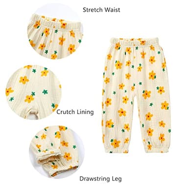 GFQLONG Toddler Baby Girls 3 Pack Elastic Waist Pants Soft Cotton Linen Harem Bloomers Summer Fall Long Pants,Flowers,5-6Y - Image 2