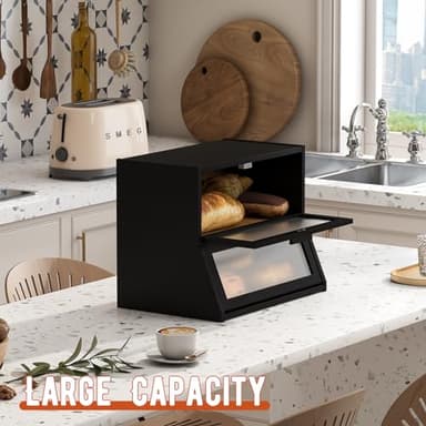 GHWIE Double Layer Bamboo Bread Box for Kitchen Counter,Large Capacity Bread Storage Bin,Bread Container with Acrylic Wavy Door Panel (Black, Medium) - Image 3