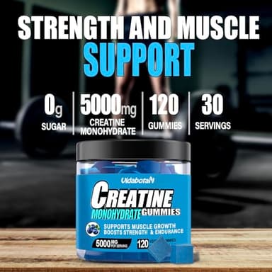 vidabotan Sugar Free Creatine Monohydrate Gummies for Men & Women-5g of Creatine Monohydrate per Serving- with L-Taurine, Alpha GPC, Betaine Anhydrous, Natural Blueberry Flavor, 120 Count - Image 2