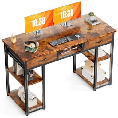 DUMOS Office Computer Desk Small 48 Inch Home Table Writing Bedroom Student Kids Wooden Deskboard with Fabric Drawers & Storage Shelves,Simple Modern Style Wood Tabletop Compact Space - Image 1