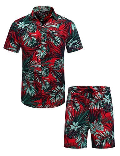 COOFANDY Men's Casual Floral Print Shirt Set Short Sleeve Tropical Leaves Shirt Summer Beach 2 Piece Short Set - Image 4