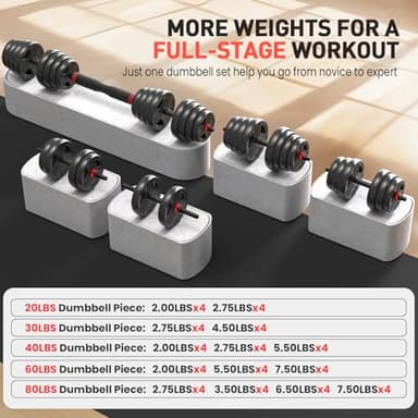 UKEEP Adjustable Dumbbells Set, 20/30/40/60/80lbs Free Weight Set with Connector of 2 Convertible to Barbell, Fitness Exercises for Home Gym Suitable Men/Women - Image 7