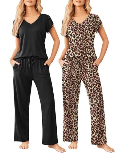 Ekouaer 2 Pack Womens Pajamas Short Sleeve Sleepwear Top with Pants Super-Soft Printed Lounge Sets S-XXL - Image 1