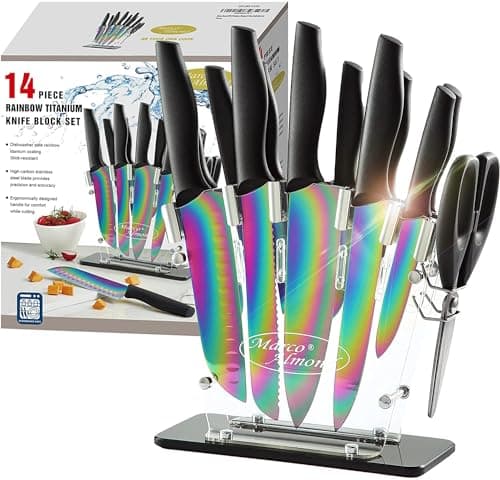 Marco Almond® Knife Block Set,14-Piece Rainbow Color Stainless Steel Knife Sets for Kitchen with block, KYA35 Chef Cooking Knives Set with Acrylic Stand - Image 1