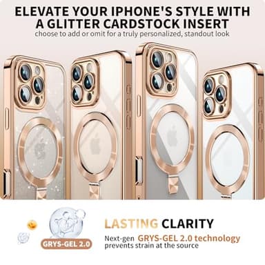 [Never Yellows+CD Ring with Glitter Card fit for MagSafe Stand] Magnetic for iPhone 16 Pro Case with Camera Lens Protection, Clear Shiny Slim Case for iPhone 16 Pro Women Girls, Desert Titanium - Image 3
