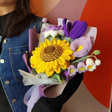 GREOENEL AMOR Completed Crochet Flowers Bouquet Sunflower Handmade Knitted Bouquet for Birthday Wedding Home Decor Gifts for Mom (Purple Crochet Flowers Bouquet Sunflower-033) - Image 7