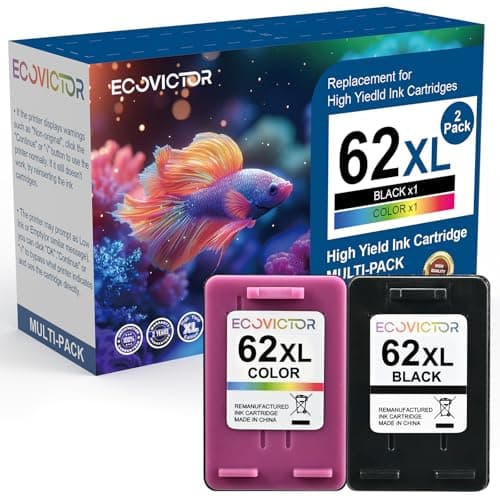 Eco Victor 62XL Ink Cartridges Black and Color Remanufactured Replacement for HP Ink 62 HP62XL Combo Pack Compatible Envy 5540 5640 5660 5665 7640 7645 OfficeJet 5740 5741 8040 200 250 Mobile Printer - Image 1