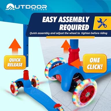 Outdoor Cruiser 3-Wheel Kids Scooter – with Lean-to-Steer Technology, Led Lighted Wheel, 4-Level Adjustable Height T-bar Handle, Support Kids Up to 150 Lbs, for Boys & Girls Ages 3-8, Blue and Red - Image 6