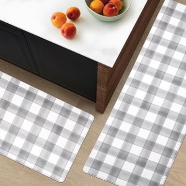 FRESHMINT Modern Farmhouse Plaid 2 Piece Set Kitchen Mats for Floor Anti Fatigue Waterproof & Non-Skid Kitchen Rugs Cushioned Kitchen Mat for Standing Washable Comfort Desk Kitchen Runners - Image 2