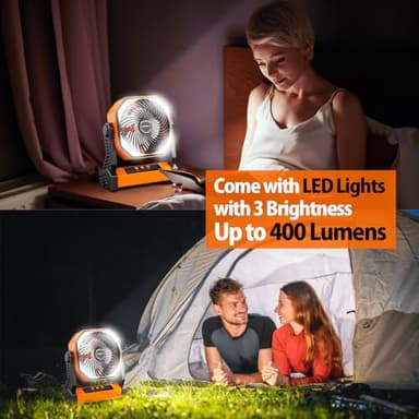 20000mAh Camping Fan, Rechargeable Battery Operated with 360° Rotatable Hook, 400 Lumes Light, 270° Pivot, 4 Speeds, 58Hrs Battery Powered Fan for Outdoor Tent Car Trip BBQ Hurricane Power Outages - Image 3