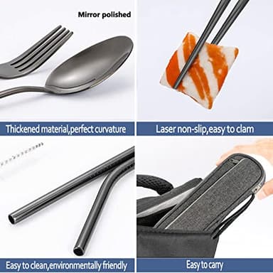 Stainless Steel Portable Reusable Travel Utensils with Case - Flatware Cutlery Set, Chopsticks, Straw - Black - Image 6