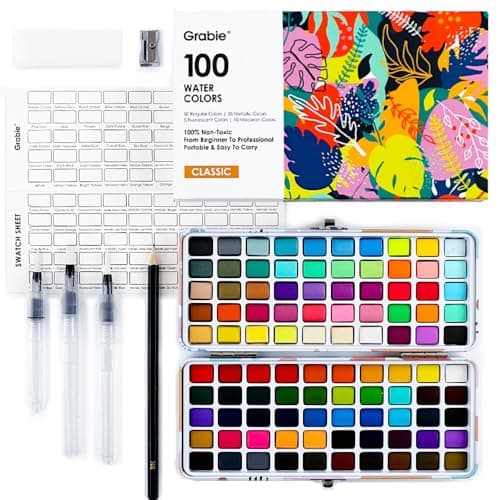 Grabie 100 Colors Watercolor Paint Set - 50 Regular, 35 Metallic, 10 Macaron and 5 Fluorescent Colors - Portable with Carrying Case, Water Brush Pens, and Accessories - For Beginners and Professionals - Image 1