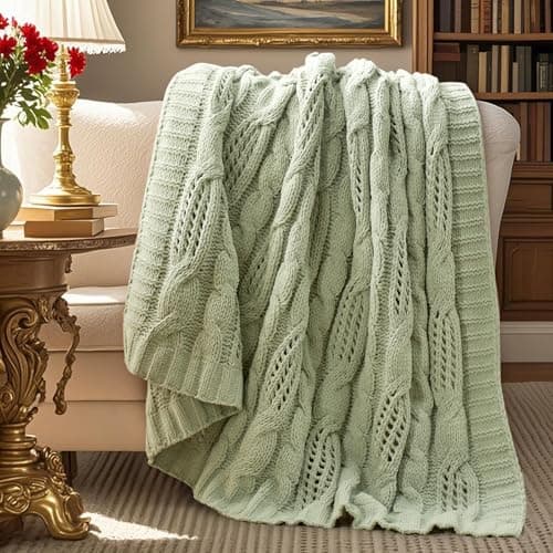 Amélie Home Chunky Knit Throw Blanket, Dual-Sided Soft Chenille Breathable Cable Knitted Blanket for Couch, Farmhouse Decorative Throw for Sofa & Chair, 50"x60", Sage Green - Image 1