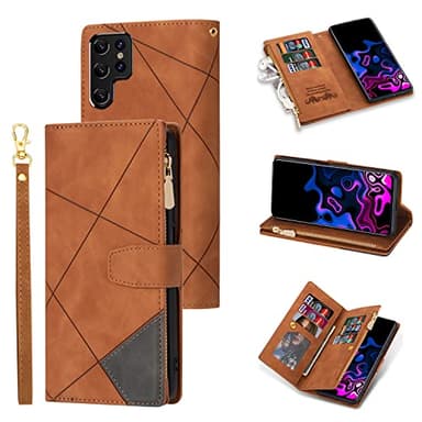 UEEBAI Wallet Case for Samsung Galaxy S22 Ultra 5G, Vintage Premium PU Leather Cover Flip Case with Card Slots Magnetic Closure Zipper Pocket Kickstand Handbag with Hand Strap - Brown - Image 1