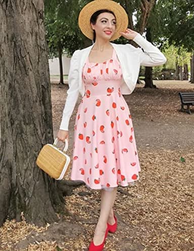 1950s Dresses for Women Vintage Retro Dress for Women Light Pink A-Line Flowy Swing Beach Dress Strawberry Dress Medium - Image 8