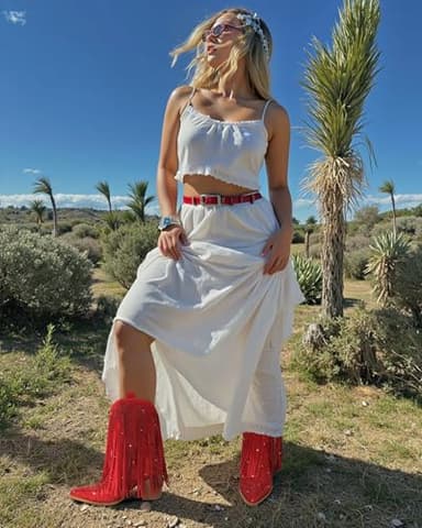 Ouepiano Red Cowboy Boots for Women - Red Cowgirl Rhinestone Boots with Sparkly Fringe Pointed Toe Western Boot Chunky Heel Pull-On Wide Calf Botas Vaqueras Size 10.5 - Image 2
