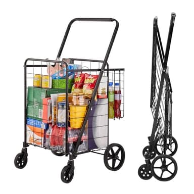 VEVOR Folding Shopping Cart, Jumbo Grocery Utility Cart with Double Baskets, 360° Swivel Wheels, 110 LBS Large Capacity Heavy Duty for Laundry, Shopping, Grocery, Luggage, Black - Image 1
