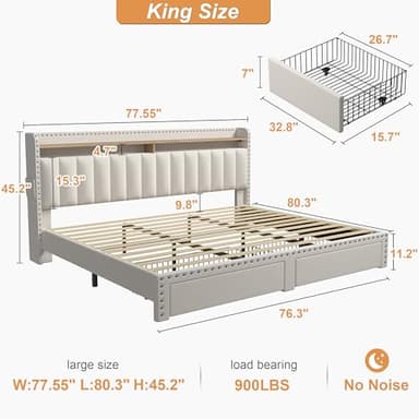 EnHomee King Size Bed Frame with 2-Tier Storage Headboard, Upholstered Platform Bed Frame with 2 Storage Drawers, Sturdy Wooden Slats Support, Noise-Free, No Box Spring Needed, Beige - Image 2