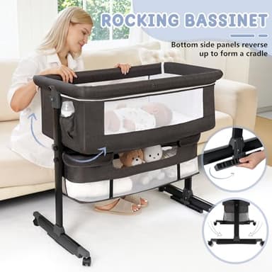 Baby Bassinet, 3 in 1 Bedside Bassinets for Baby, Bassinet Bedside Sleeper with Wheels, Adjustable Height with Rocking Mode, Breathable Mesh, Storage Basket, Easy Assemble & Folding (Dark Gray) - Image 3