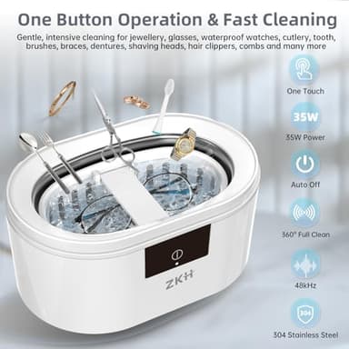 ZKH Ultrasonic Jewelry Cleaner, 48kHz High Frequency Sonic Jewelry Cleaner Machine with 500ml Capacity for Jewelry, Eyeglasses, Watch Straps, Earrings, Ring, Necklaces, Razors, Dentures - Image 2