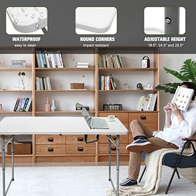 Byliable Folding Table 4 Foot Portable Heavy Duty Plastic Fold-in-Half Utility Table Small Indoor Outdoor Adjustable Height Folding with Carrying Handle, Camping and Party,White - Image 7