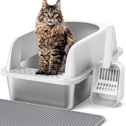 Henkelion Stainless Steel Cat Litter Box with Lid, 20" L x 14.2" W x 11.8" H, Extra Large Litter Box for Big Cats with High Sided, Anti-Urine Leakage, Easy Cleaning, Include Cat Mat and Scoop - Image 1