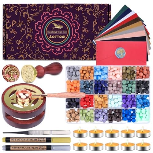 Aottom Wax Seal Stamp Kit with Gift Box, 24 Colors 650 Pcs Beads, Warmer, Envelopes, Candles, Stamp, Metallic Pen for Gift and Decoration - Image 1