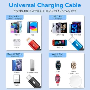 4 in 1 Multi Charging Cable for Apple Watch Charger/iPhone 17 Charger/Lightning/Micro,USB C Charging Cable Cord,Vacation Camping Essentials,Portable Designed for iWatch & iPhone Series,Galaxy-4Ft - Image 7