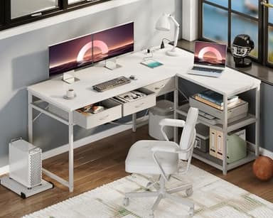 AODK 53 Inch L Shaped Computer Desk with Drawers, Corner Desk with Power Outlets & Reversible Storage Shelves, Movable CPU Stand for Home Office Gaming, White - Image 2
