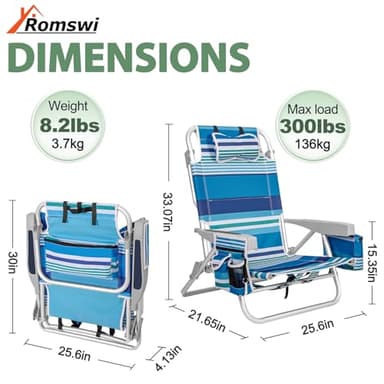 2Pk Aluminum 5-Position Lay Flat Folding Backpack Beach Chairs for Adults, with Cooler Bag, Cup&Phone Holder, Towel Bar for Outdoor Lawn Picnic Sport, Portable Foldable Camping Chairs, Blue Stripes - Image 3